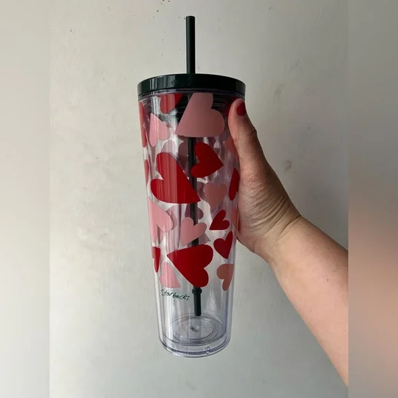Starbucks Tumbler with Red and Pink Hearts - Picture 1 of 5